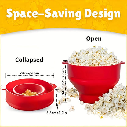 Red silicone popcorn maker showing space-saving design with measurements on a yellow and white background.