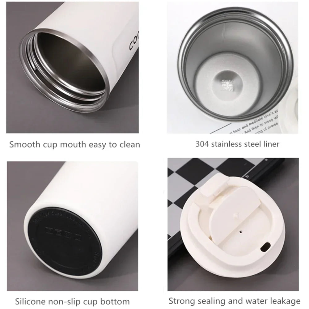 White insulated mug with features highlighted on a gray background