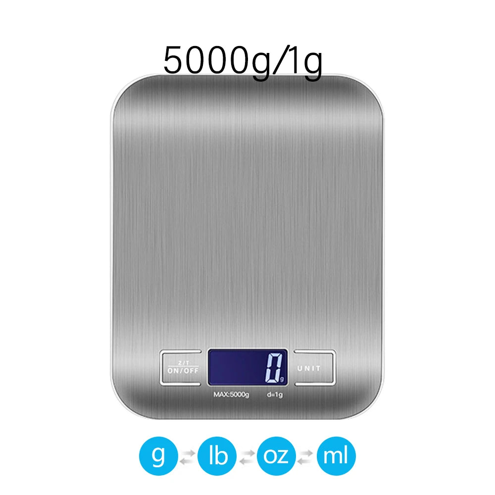 Metallic digital kitchen scale with measurement units displayed on a white background