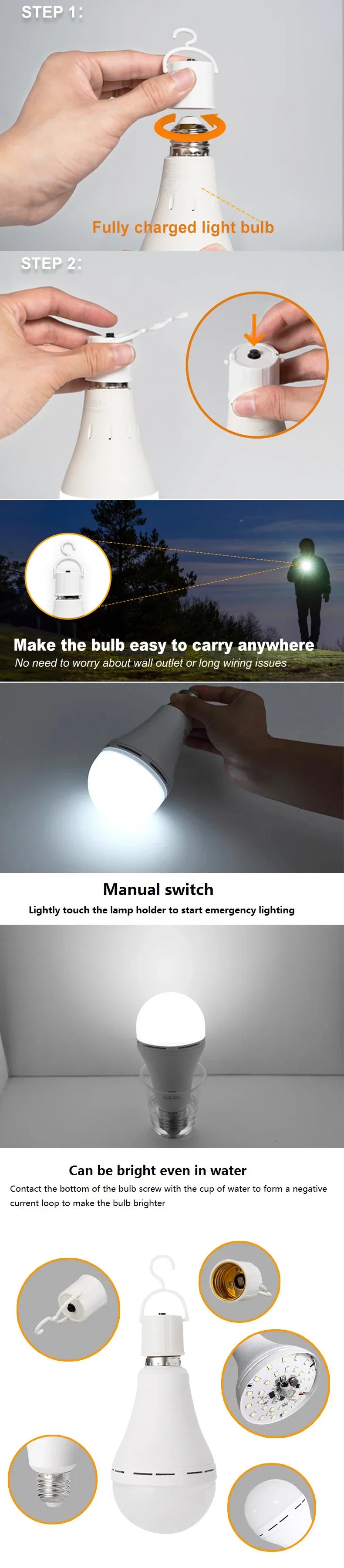 LED Rechargeable Emergency Light Bulb Portable Camping Lamp