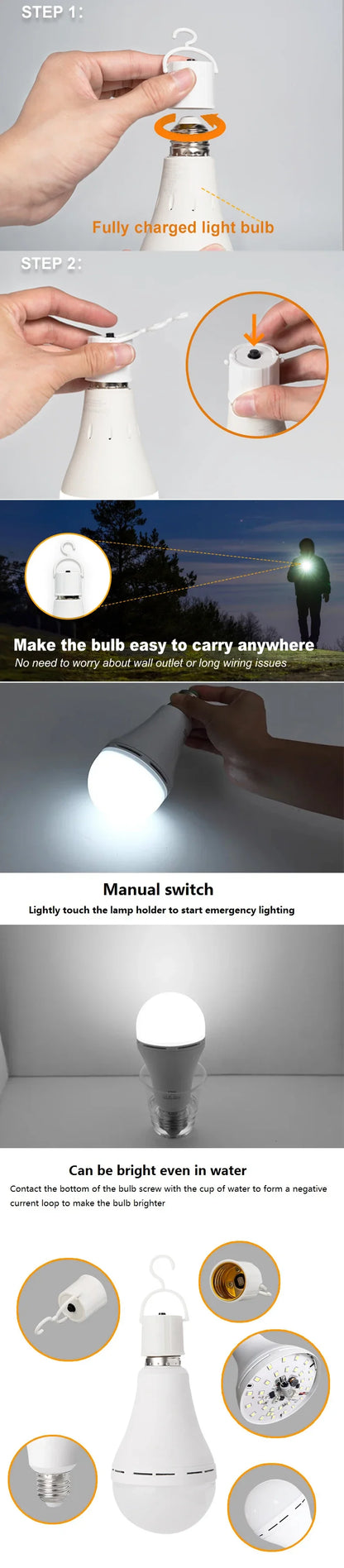 LED Rechargeable Emergency Light Bulb Portable Camping Lamp