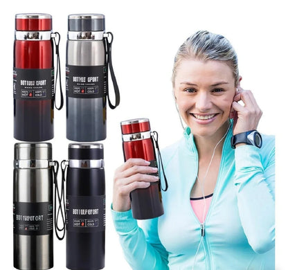 Woman holding a red insulated bottle with four other bottles displayed above her on a white background.
