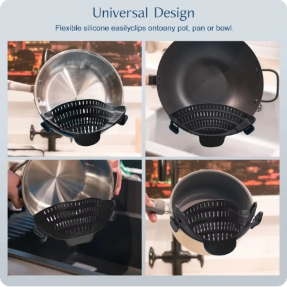Black silicone kitchen tool used on various pots, pans, and bowls with a blue background.
