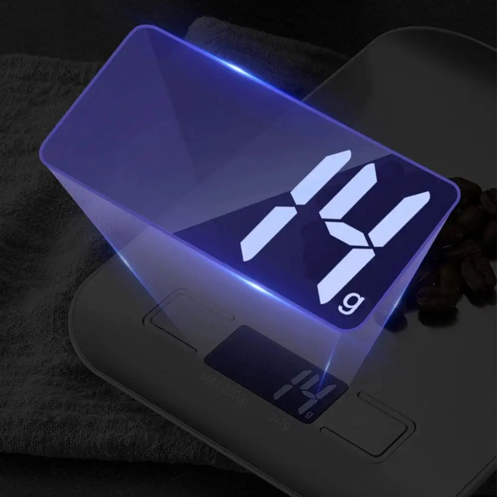 Digital kitchen scale displaying weight with blue LED lights on a dark background