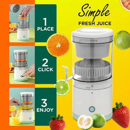 Juicer with images of fruits and text on a colorful background