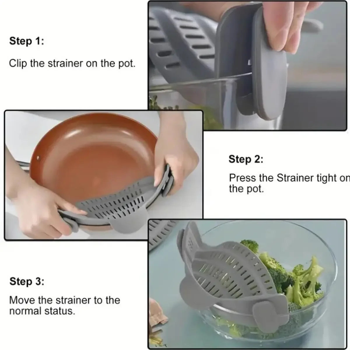 Instructions on how to use a kitchen strainer with a pot and bowl.