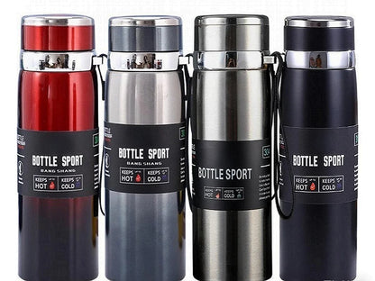 Four insulated bottles in red, gray, silver, and black with 'Bottle Sport' branding.