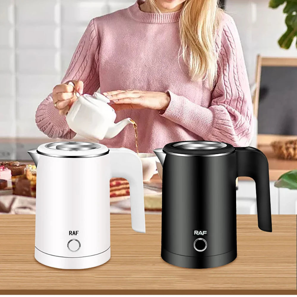 Woman pouring from a white electric kettle with a black milk frother on a kitchen counter.