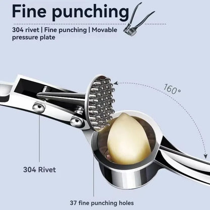 Garlic press with detailed features on a light blue background
