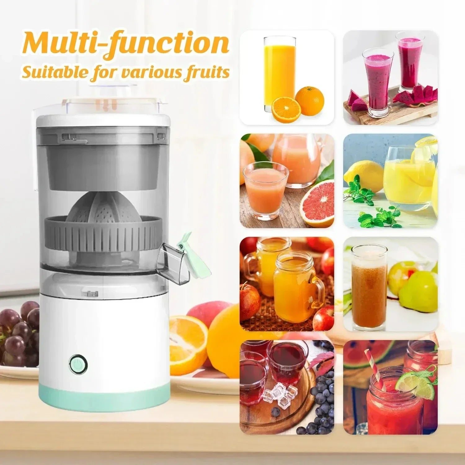 Juicer with images of fruits and juices on a white background
