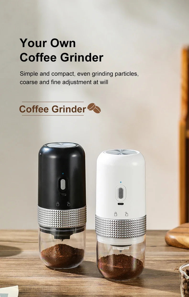 Two coffee grinders, one black and one white, on a wooden surface with text about their features.