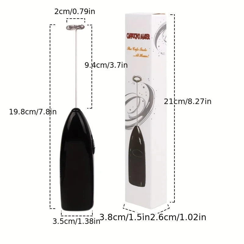 Black handheld milk frother with dimensions labeled and a white box with branding.