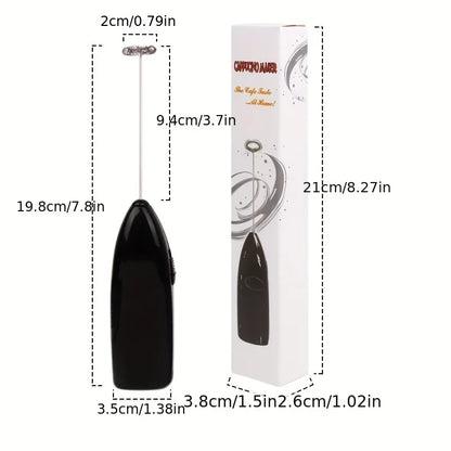 Black handheld milk frother with dimensions labeled and a white box with branding.