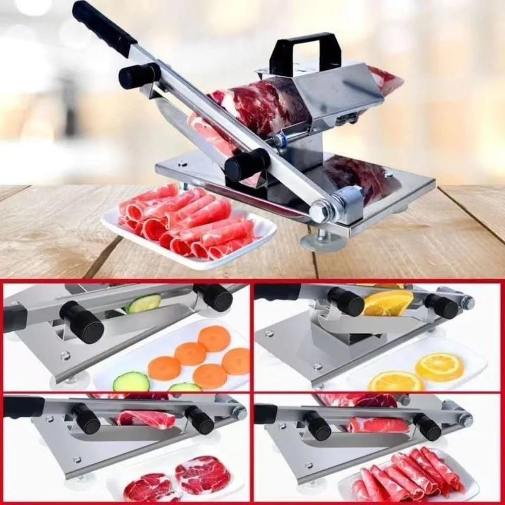 Meat slicer cutting various types of meat on a wooden surface with a blurred background.