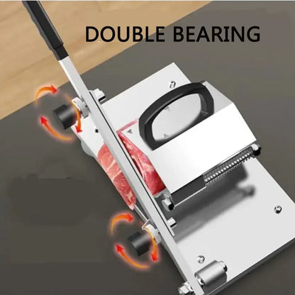 Meat slicer with double bearing mechanism on a dark surface