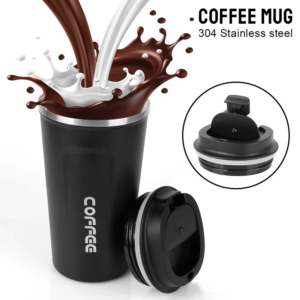 Black coffee mug with liquid being poured into it, featuring a close-up of the lid.