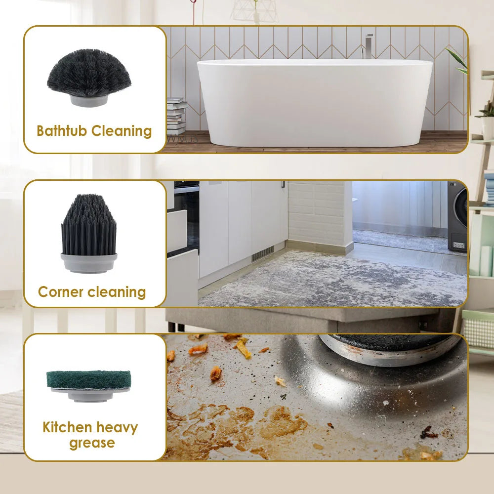 Cleaning tools with text labels for bathtub, corner, and kitchen heavy grease cleaning.