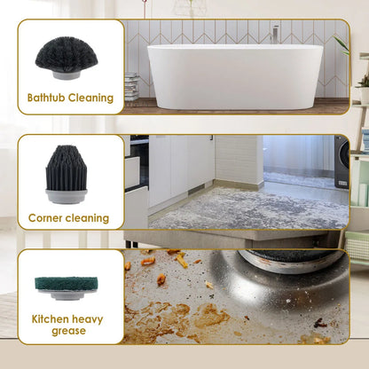 Cleaning tools with text labels for bathtub, corner, and kitchen heavy grease cleaning.