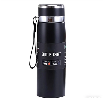 Black insulated bottle with silver lid on a white background