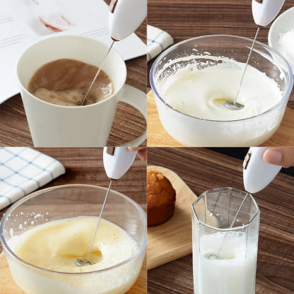Collage of a hand mixer being used to froth various liquids on a wooden surface.