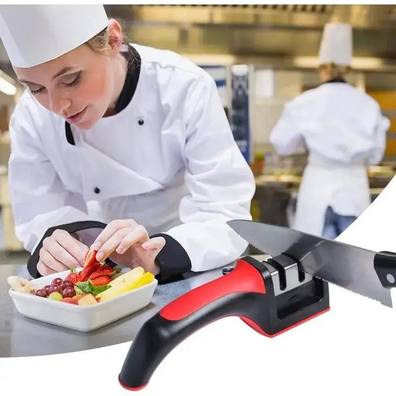 Chef preparing food with a knife sharpener in a kitchen setting