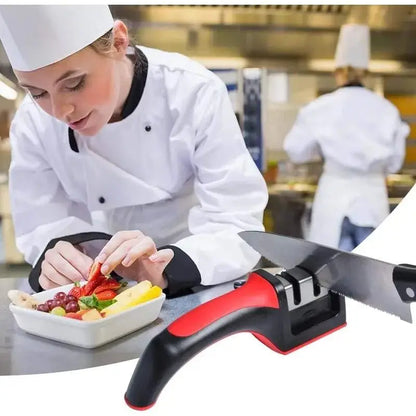 Chef preparing food with a knife sharpener in a kitchen setting