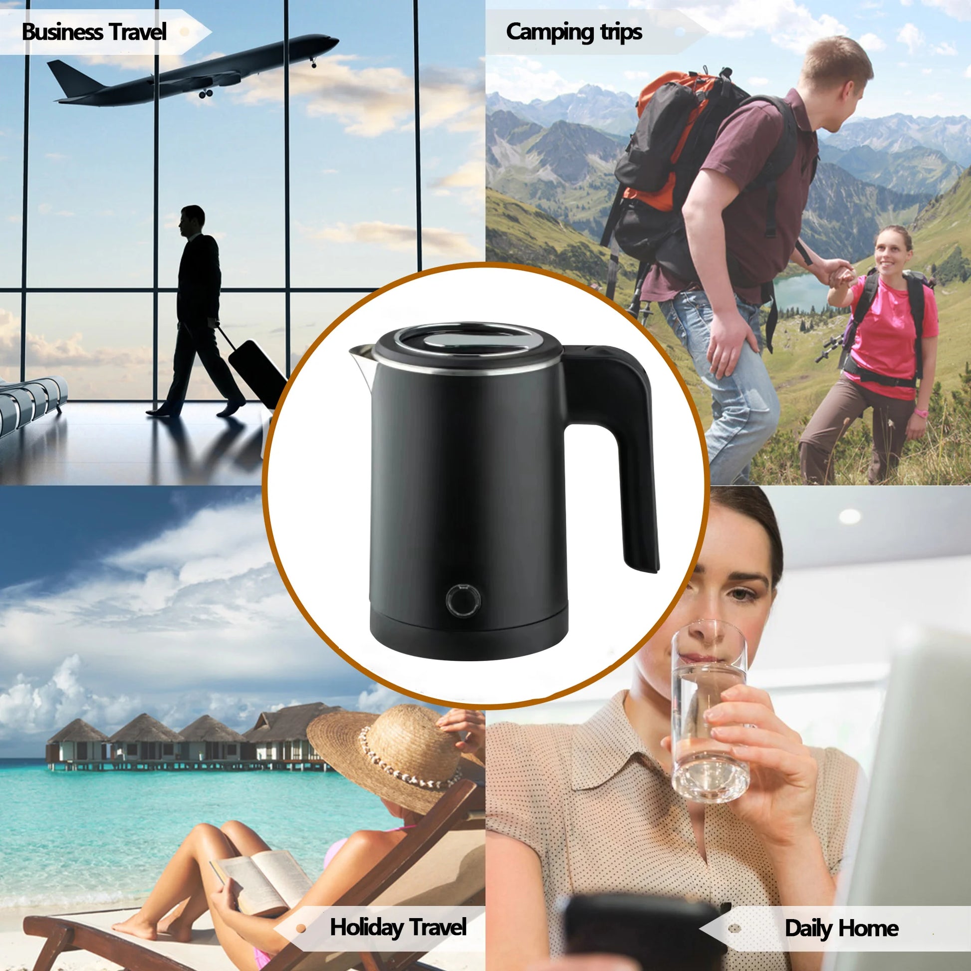Black electric kettle surrounded by travel and lifestyle images.