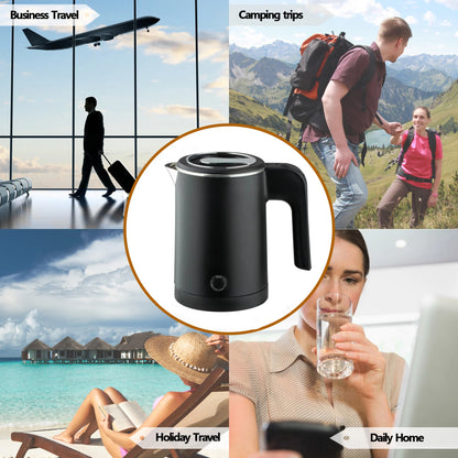 Black electric kettle surrounded by travel and lifestyle images.