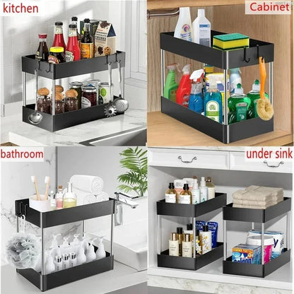 Collage of a black multi-tiered organizer used in various locations including a kitchen, cabinet, bathroom, and under a sink.