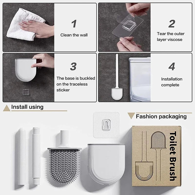 Step-by-step installation guide for a toilet brush with visual instructions and product packaging.