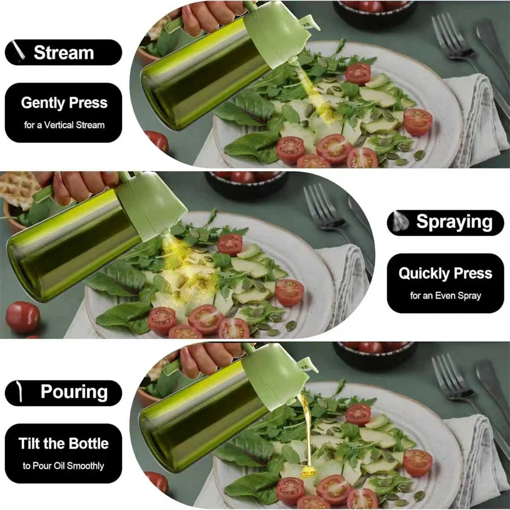 Green oil bottle being used to pour, spray, and pour over a salad on a table.