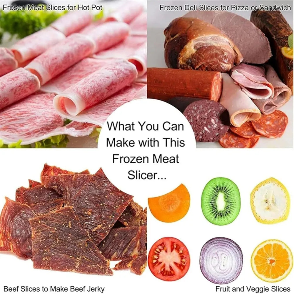 Collage of frozen meat slices for various uses with text and food items.