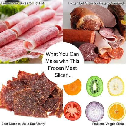 Collage of frozen meat slices for various uses with text and food items.